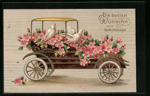 Präge-AK Geburtstagsgruss, Tauben und rosa Blumen im Auto