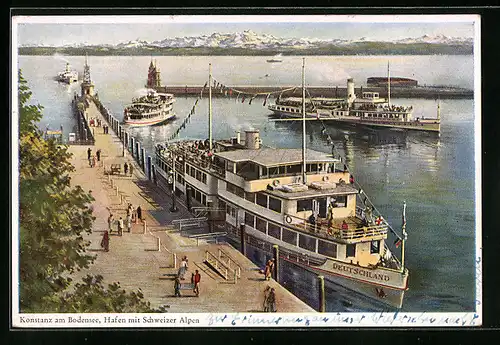 AK Konstanz am Bodensee, Hafen mit Schweizer Alpen, Dampfer Deutschland am Anleger