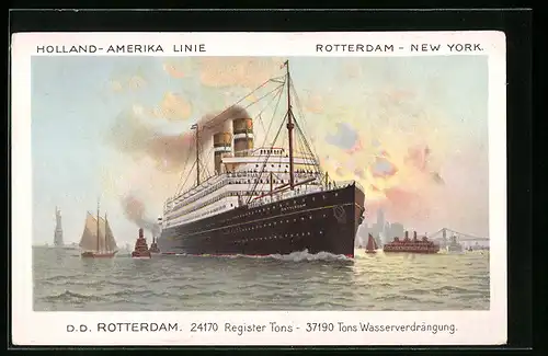 Künstler-AK T.S.S. Rotterdam die Küste New Yorks verlassend