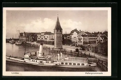 AK Lindau i. B., Hafenpromenade mit Dampfer Bavaria