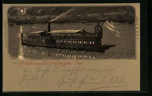 Lithographie Salondampfer auf dem Starnberger See