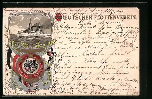Präge-Lithographie Deutscher Flottenverein, Kriegsschiff auf See, Rettungsring, Wappen, Reichskriegsflagge