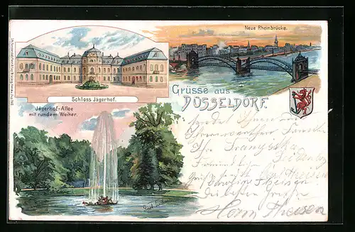 Lithographie Düsseldorf, Schloss Jägerhof, Neue Rheinbrücke, Wappen