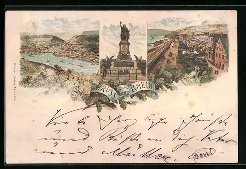 Vorläufer-Lithographie Rüdesheim, 1894, Ortsansicht mit Rhein, Ortsansicht Bingen, Denkmal