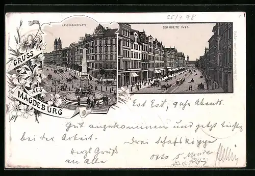 Lithographie Magdeburg, Hasselbachplatz, Der Breite Weg