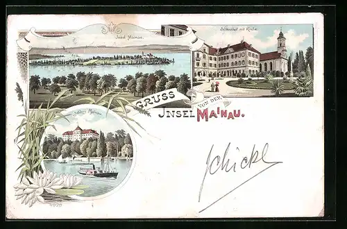 Lithographie Insel Mainau, Gesamtansicht, Schlosshof mit Kirche