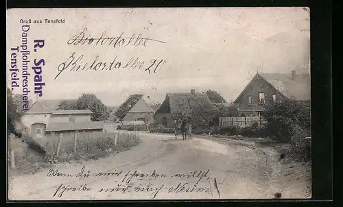 AK Tensfeld, Strassenpartie mit Kirche und Pferdewagen