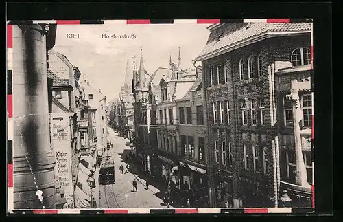 AK Kiel, Holstenstrasse mit Geschäften und Strassenbahn