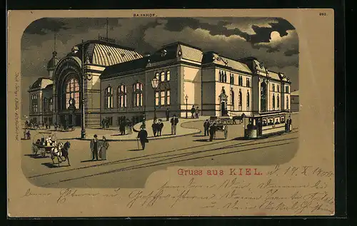 Lithographie Kiel, Bahnhof mit Strassenbahn bei Mondschein