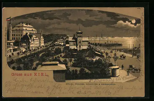 Lithographie Kiel, Königliches Schloss, Seegarten & Kriegshafen bei Mondschein
