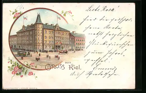 Lithographie Kiel, Hotel Germania mit Strassenbahn