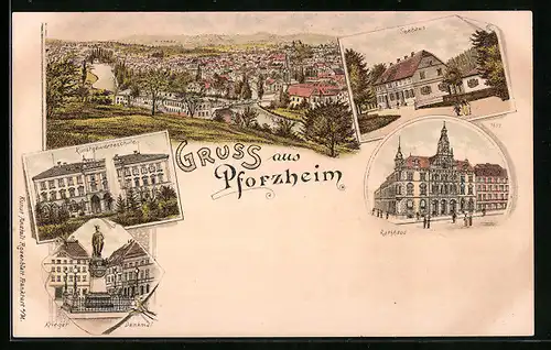 Lithographie Pforzheim, Kunstgewerbeschule, Seehaus, Rathaus
