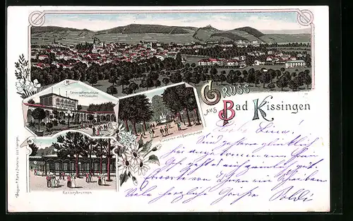 Lithographie Bad Kissingen, Conversationsgebäude mit Colonnaden, Kurgarten mit Quellengruppe, Rakozybrunnen