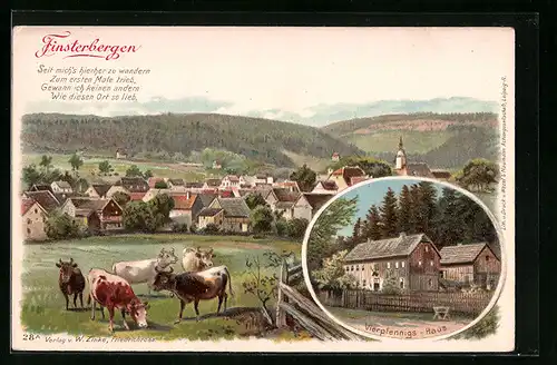 Lithographie Finsterbergen, Teilansicht mit Kühen, Vierpfennigs-Haus