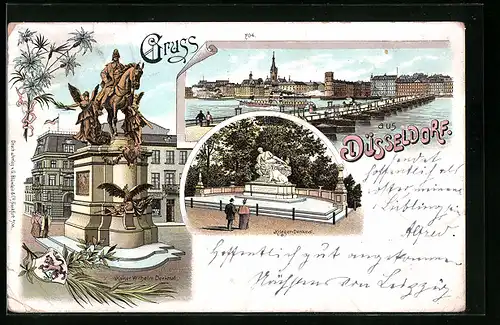Lithographie Düsseldorf, Uferpartie mit Brücke, Kaiser Wilhelm-Denkmal, Krieger-Denkmal