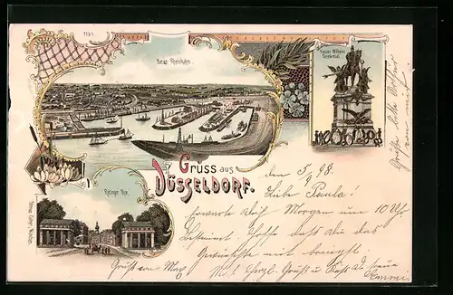 Lithographie Düsseldorf, Neuer Rheinhafen, Kaiser Wilhelm-Denkmal, Ratinger Tor