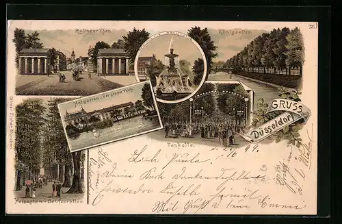 Lithographie Düsseldorf, Gasthaus Tonhalle, Hofgarten Der grosse Teich, Ratinger Tor