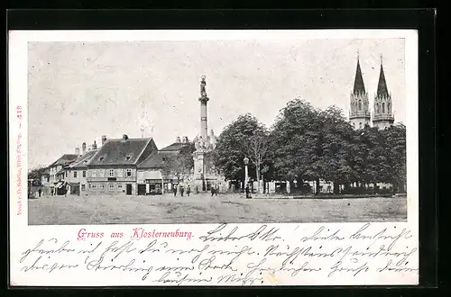 AK Klosterneuburg, Hauptplatz mit Mariensäule, Kirchtürme