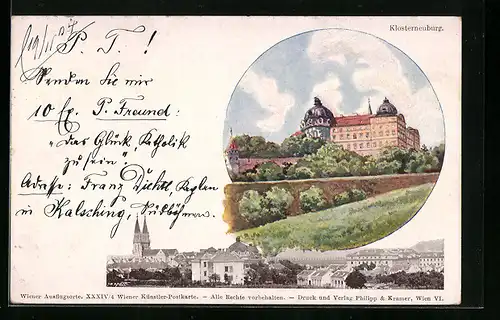 Künstler-AK Klosterneuburg, Teilansicht mit Kirche, Ortspartie