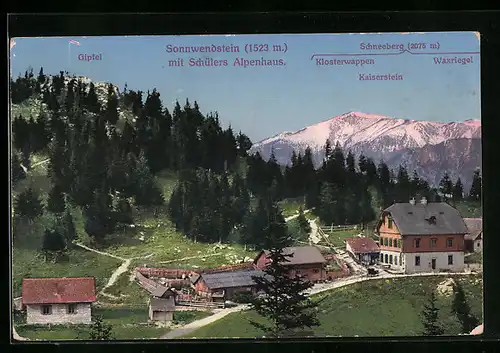 AK Schottwien, Gasthof Schülers Alpenhaus mit Sonnwendstein-Gipfel und Bergkette