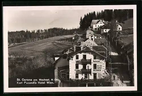 AK St. Corona am Wechsel, Teilansicht mit Karl Puzandls Hotel Wien