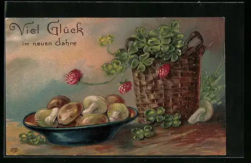 AK Teller mit Pilzen und Korb mit Klee