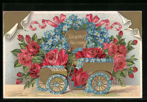 AK Auto mit roten Rosen und blauen Blumen