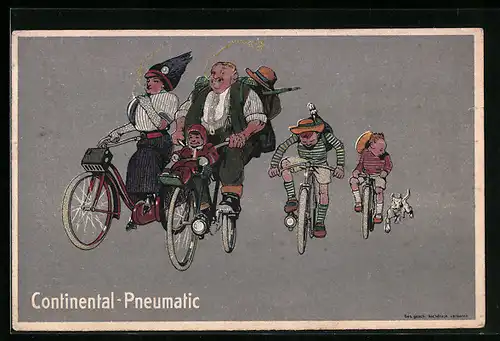 Künstler-AK Reklame für Continental-Pneumatic, Familie bei einer Fahrrad-Tour ins Grüne