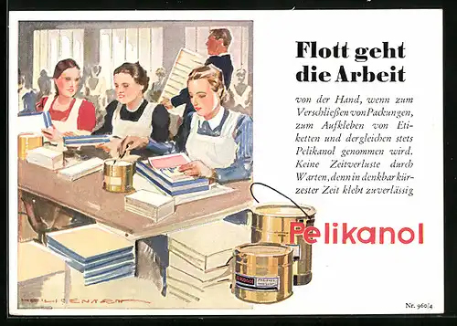 Künstler-AK Reklame für Pelikanol Klebstoff, Verschliessen von Packungen