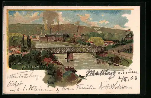 Lithographie Mettlach, Uferpartie mit Brücke