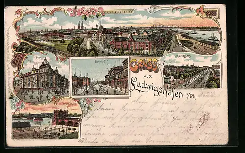 Lithographie Ludwigshafen, Bahnhof, Post, Rheinbrücke