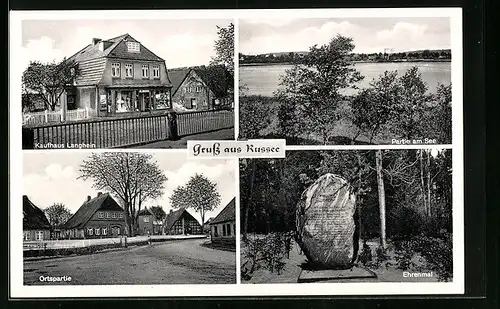 AK Russee, Kaufhaus Langhein, Ehrenmal, Ortspartie