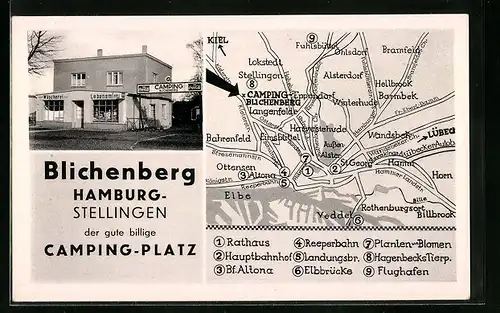AK Hamburg-Stellingen, Campingplatz Blichenberg, Kielerstrasse 372, Lebensmittelgeschäft, Stadtplan mit Rathaus