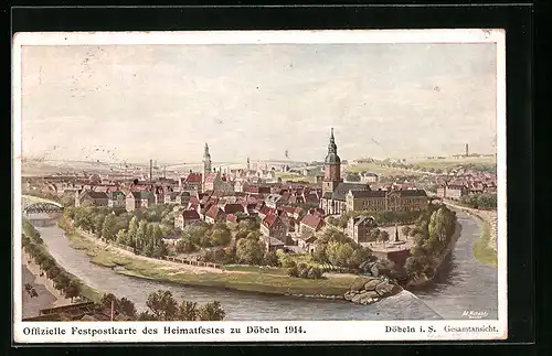 Künstler-AK Döbeln i. S., Festpostkarte des Heimatfestes 1914, Gesamtansicht