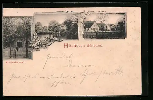 AK Hitzhusen /Hostein, Kriegerdenkmal, Uferpartie, Ortspartie