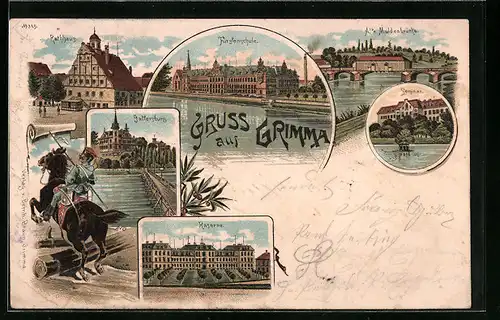 Lithographie Grimma, Fürstenschule, Rathaus, Gattersburg