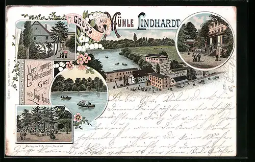 Lithographie Mühle Lindhardt, Gast- und Logierhaus Mühle Lindhardt, Garten, Eingang