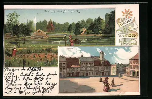 Lithographie Wurzen, Partie vom Stadtpark, Markt