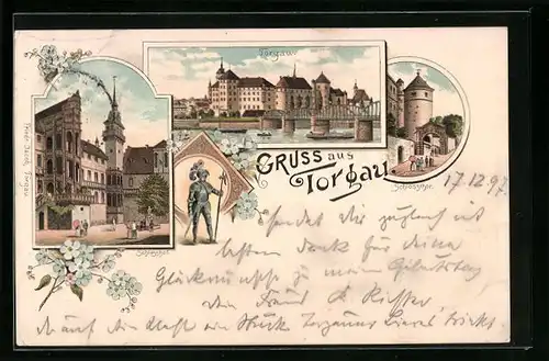 Lithographie Torgau, Schloss mit Brücke, Schlosshof, Schlosstor