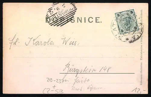 Relief-AK Blatna, Flusspartie mit Kirchturm