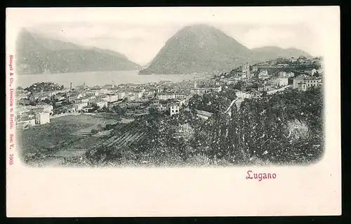 Relief-AK Lugano, Panorama mit Stadt und Luganersee