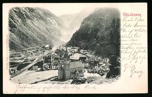 Relief-AK Göschenen, Ortsansicht mit Blick ins Tal