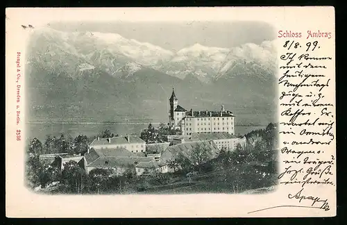 Relief-AK Ambras, Schloss gegen die Alpen