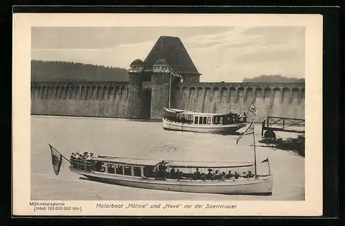 AK Möhnesee, Motorboot Möhne und Heve vor der Sperrmauer