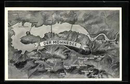 AK Möhnesee, Landkarte des Möhnesee mit näherer Umgebung