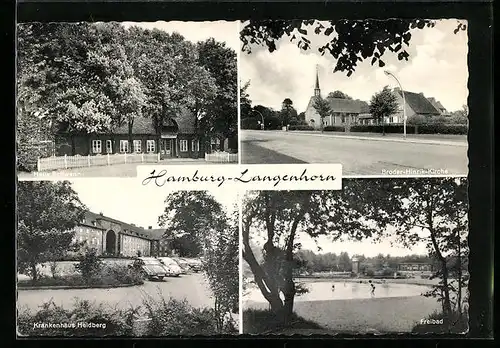 AK Hamburg-Langenhorn, Haus Schwenn, Broder-Hinrik-Kirche, Krankenhaus Heidberg