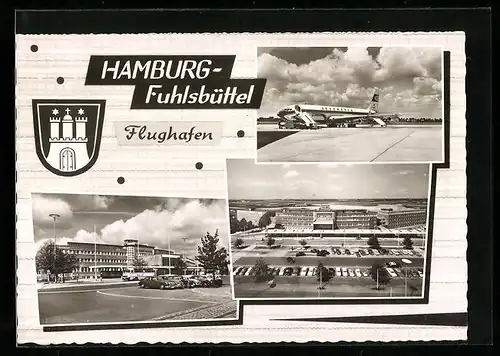AK Hamburg-Fuhlsbüttel, Flughafen mit Parkplatz und Lufthansa-Flugzeug