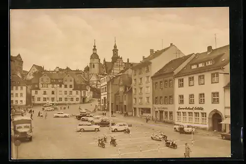 AK Colditz /Kr. Grimma, Marktplatz mit Gewerbebank