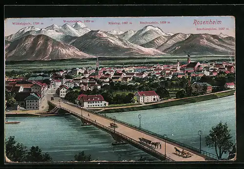 AK Rosenheim, Ortsansicht mit Brücke, Wendelstein