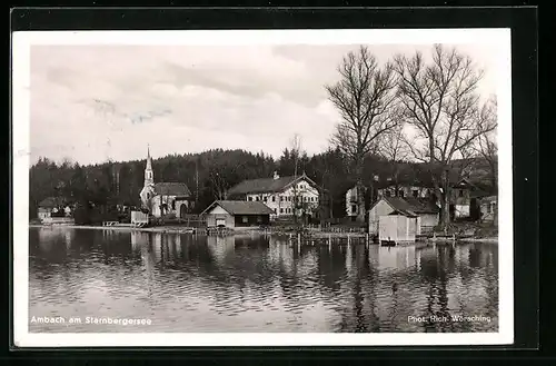 AK Ambach a. Starnbergersee, Ortsansicht mit Kirche und Uferpartie